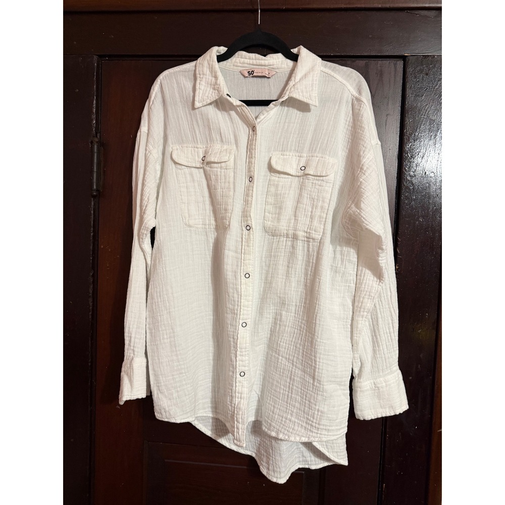SO Goods For Life White Cotton Gauze Button Down Shirt Oversized Long Sleeve M